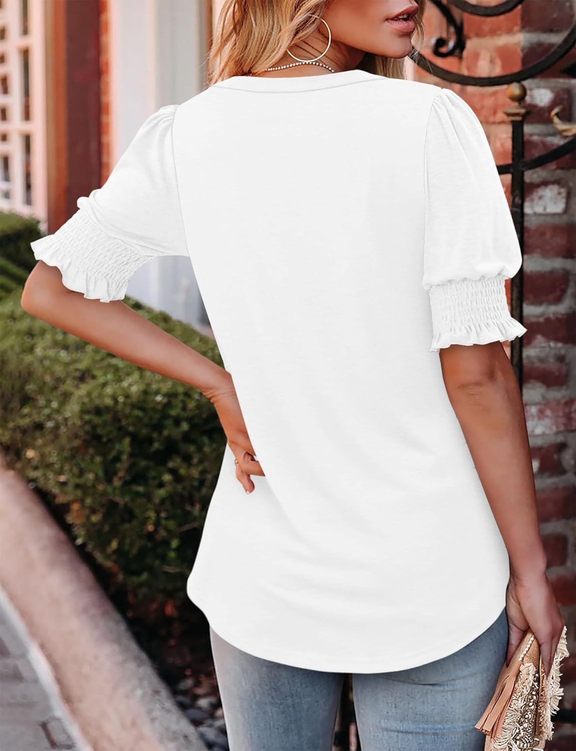 CRAZY GRID Women's Dressy Casual Top Puff Sleeve Summer Shirt Loose Trendy Pleated Blouse - Image 6