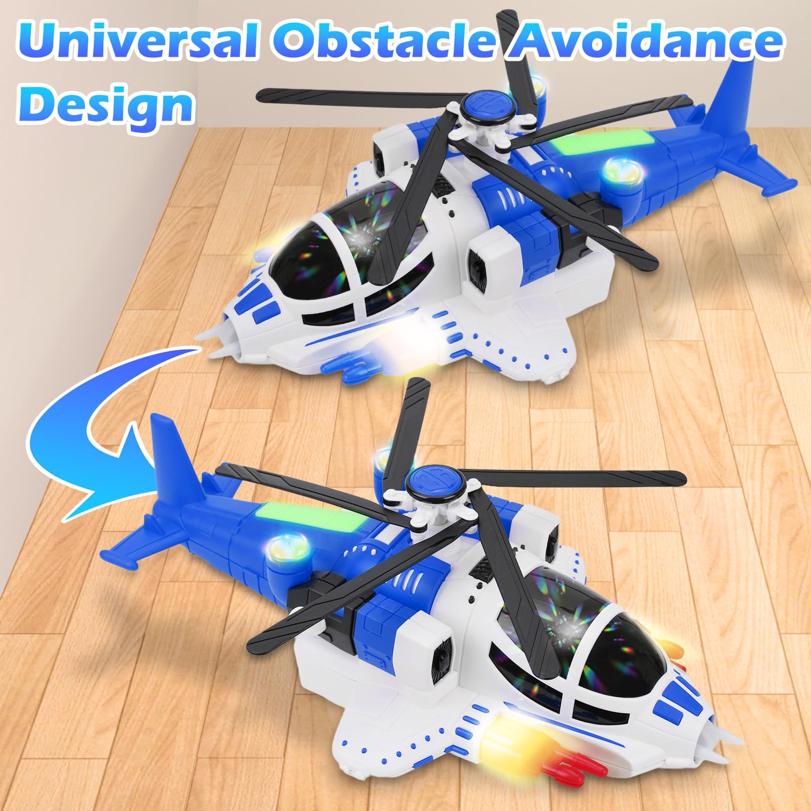 Jouet d'hélicoptère pour Les Tout-Petits, hélicoptère à hélice d'avion avec Fonction Voix et lumière, liberté à 360 ° et évitement Automatique des Obstacles (Blue)