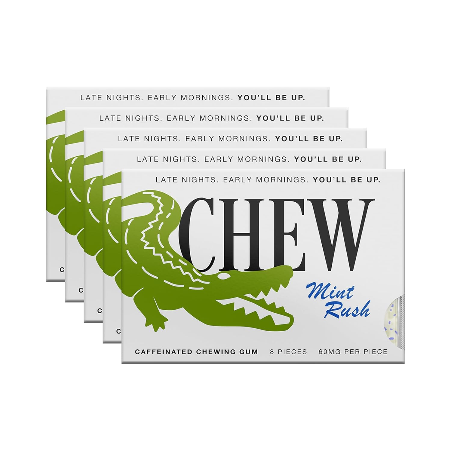 Chew Caffeine Gum Mint Rush, Sugar Free Energy Gum, 60mg Caffeine per Piece, Fast Acting Mint Chewing Gum with B6 & B12, Zero Calorie Pocket Energy for Workouts, Work, Travel, Study (Pack of 5)
