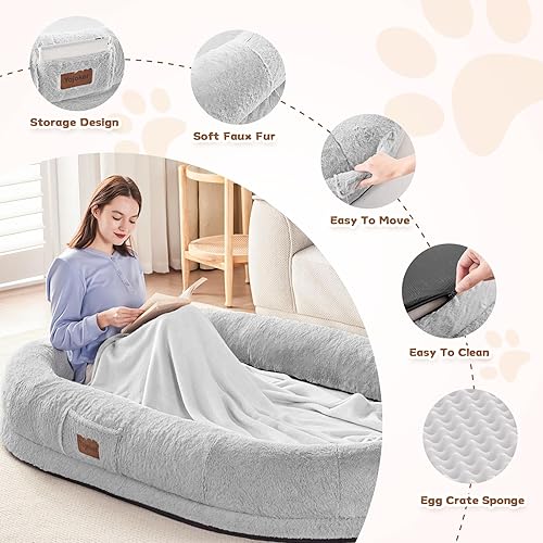 Miniatura 7 de Cama humana para perros y adultos, puf gigante con manta de 72 x 48 x 10 pulgadas, cama siesta lavable de piel sintética para adultos, ovalada para