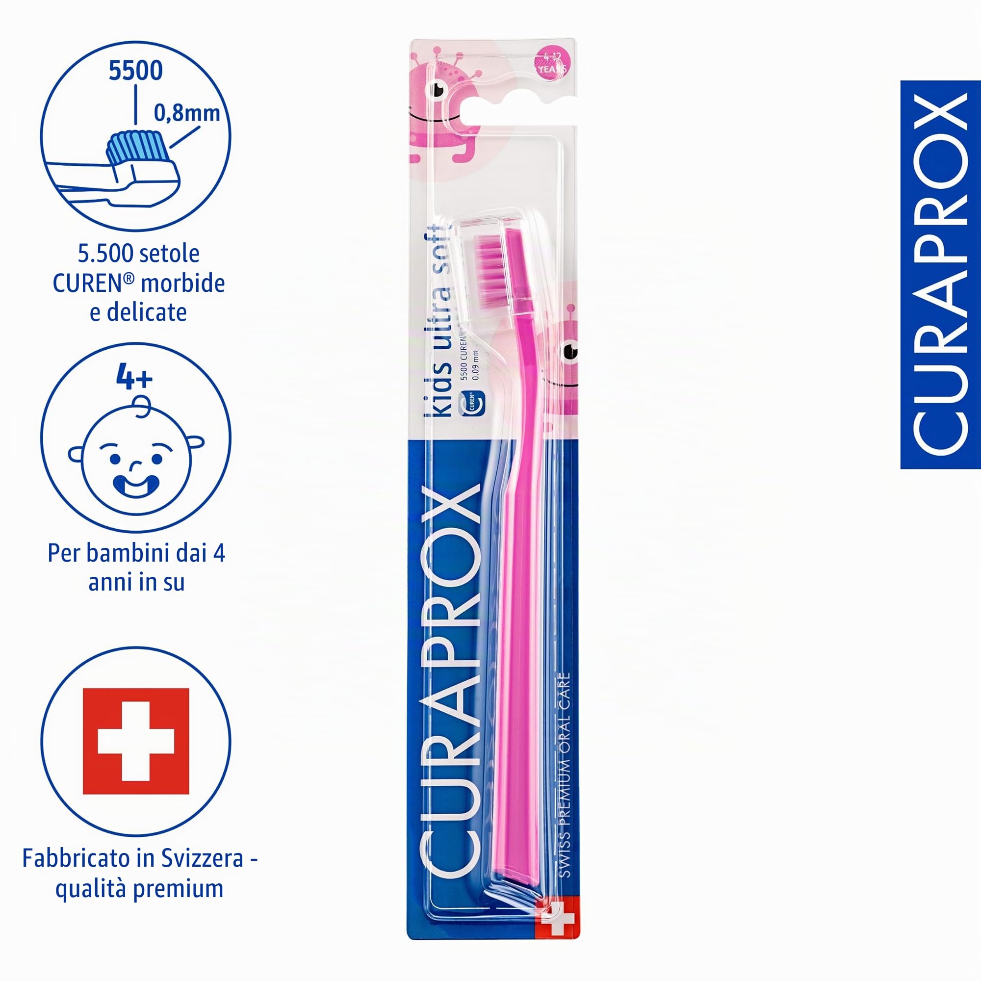Curaprox Spazzolino CS Kids-Per bambini dai 4 ai 12 anni/Pulizia delicata ultra-morbida | 5.500 filamenti Curen® / Rosa/Confezione singola/Made in Switzerland