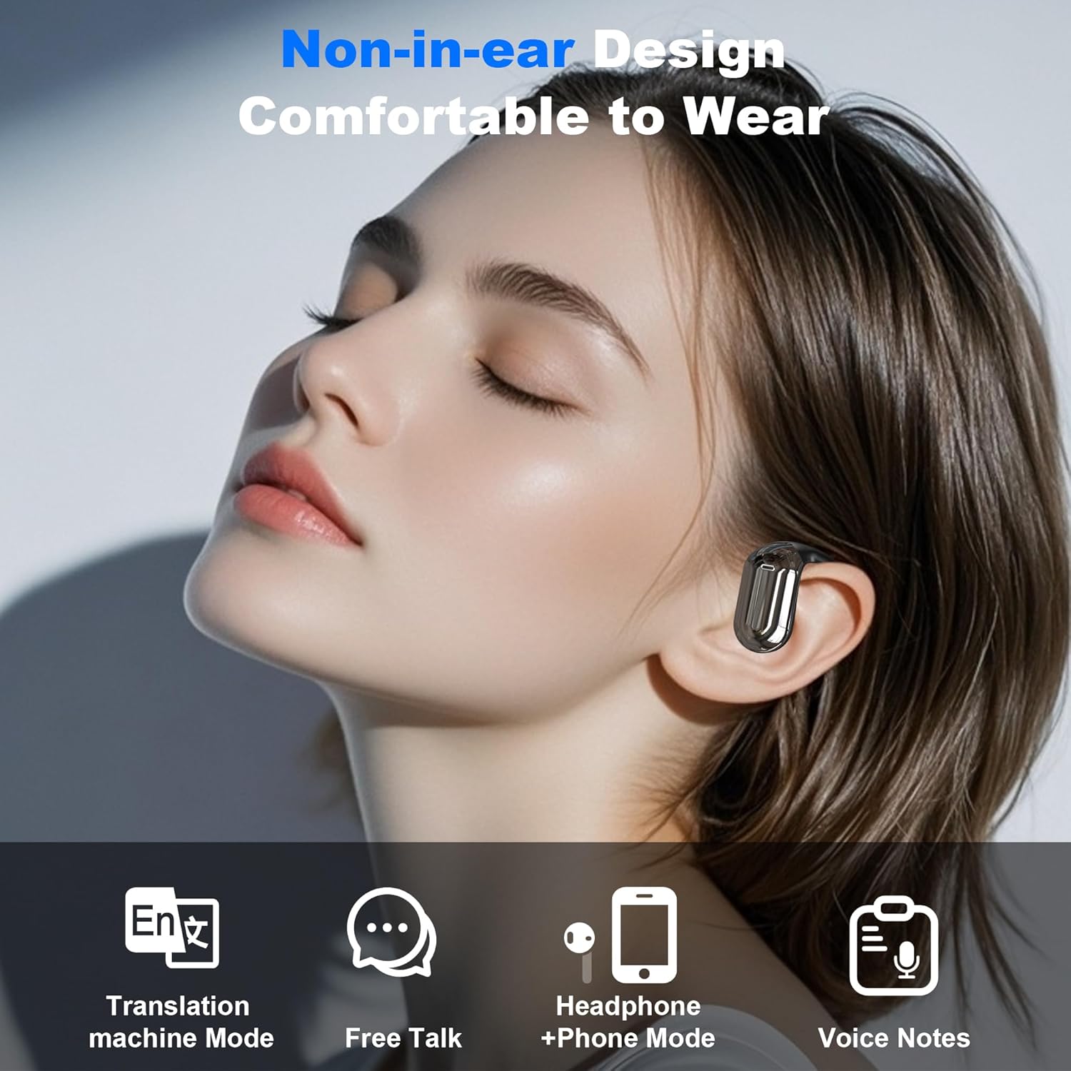 Person wearing non-in-ear earbuds with function icons