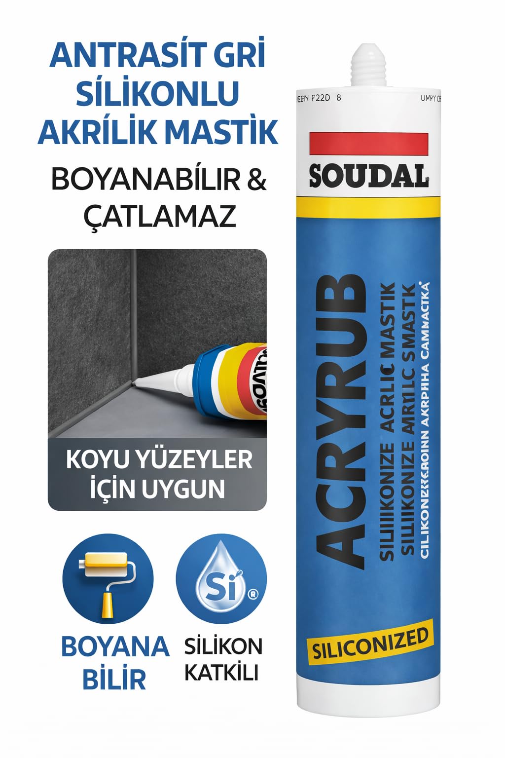 Soudal Acryrub Siliconized Akrilik Mastik – Antrasit Gri | Boyanabilir & Silikonlu Derz Dolgu | İç Cephe Sızdırmazlık ve Tamir Silikonu