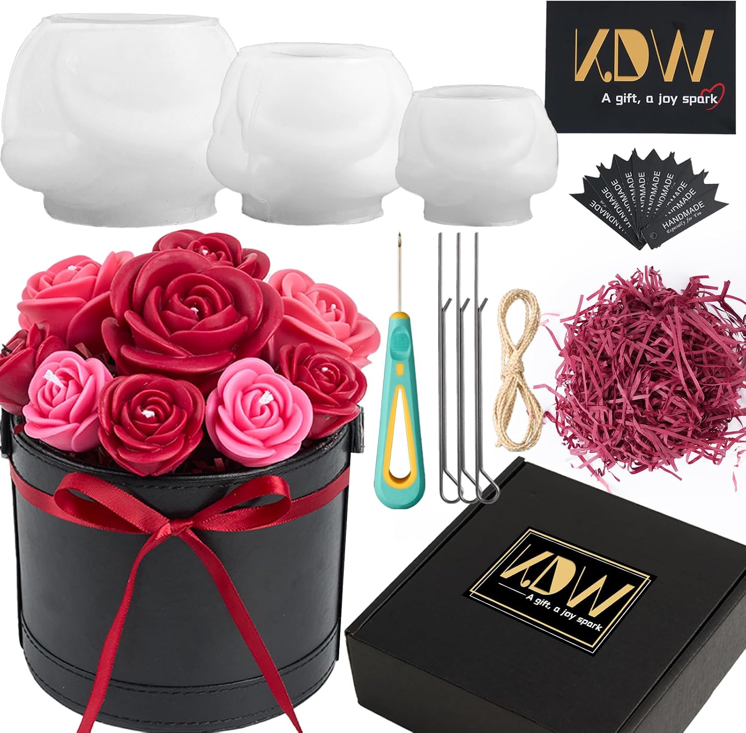 Rose Candle Making Kit with Candle Wicks Flower Silicone Mold for Candle Making Molds Set of Large + Medium + Small 3D Rose Molds DIY Handmade Soap Mould for Home Decor Valentine's Day Gift