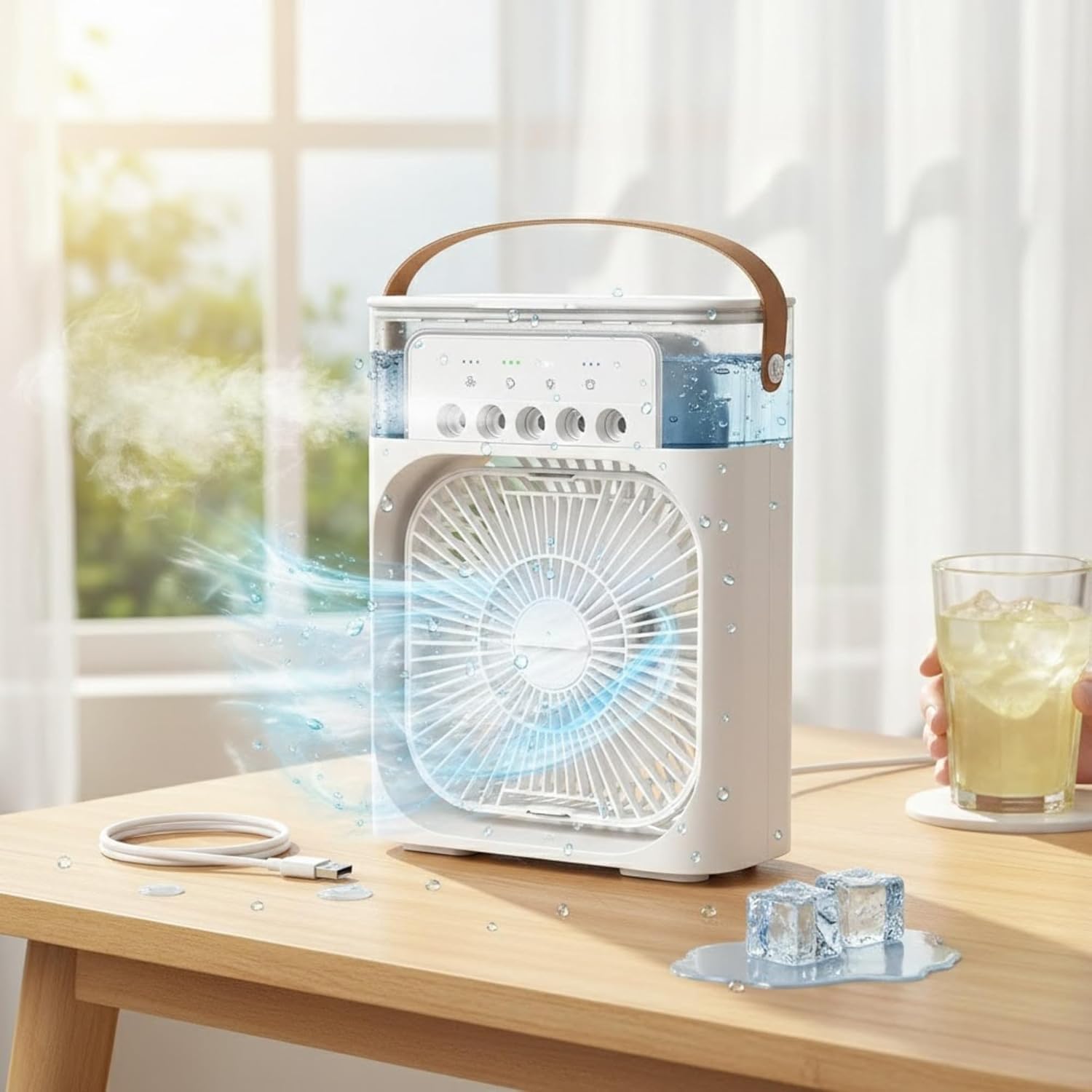 Portable USB Mini Air Cooler Fan with Humidifier & LED Night Light | 7 Color LED Light, 3 Speed Settings, 1/2/3 Hour Timer, Top Fill Water Tank, Home, Office & Travel-image-49