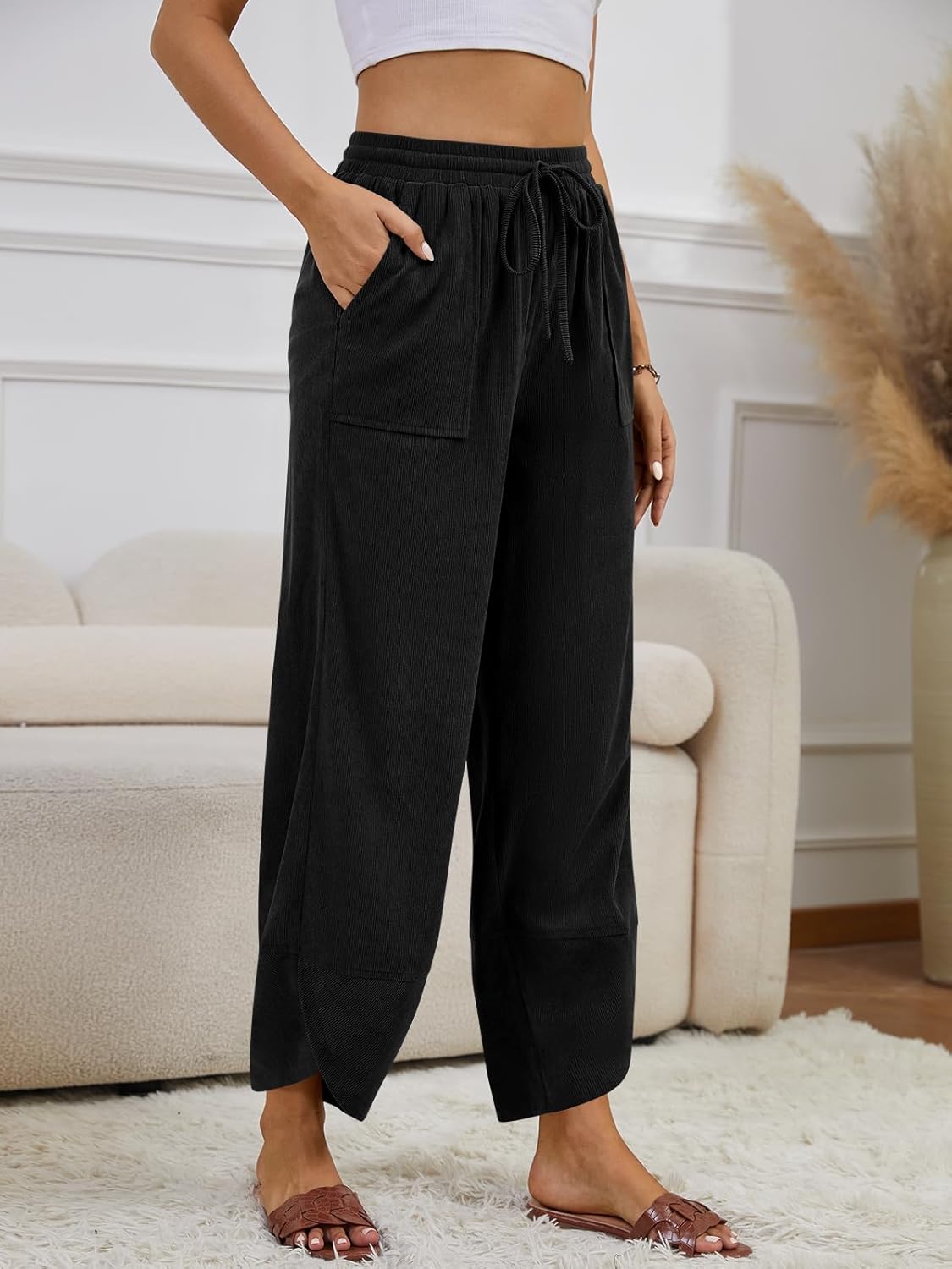 Womens Corduroy Pants Casual Wide Leg Pants Harem Pants Baggy Trousers Drawstring Elastic with Pockets - Image 3