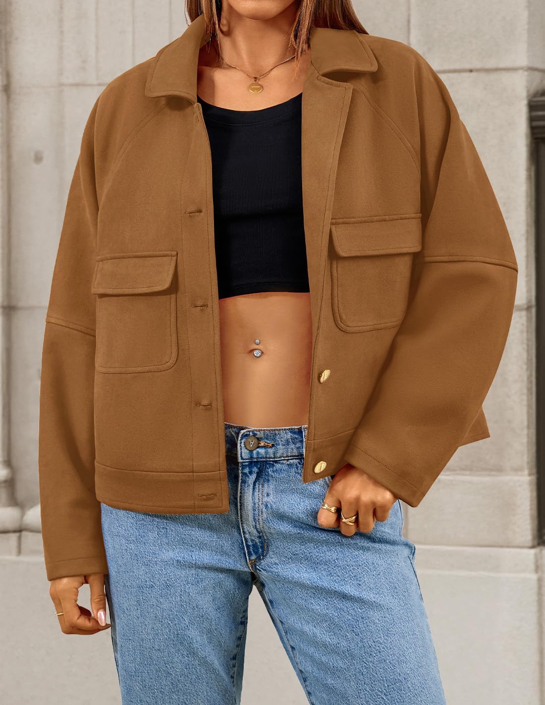 ZESICA Womens 2026 Spring Faux Suede Cropped Jackets Coats Casual Button Down Barn Vintage Trendy Shackets - Image 3