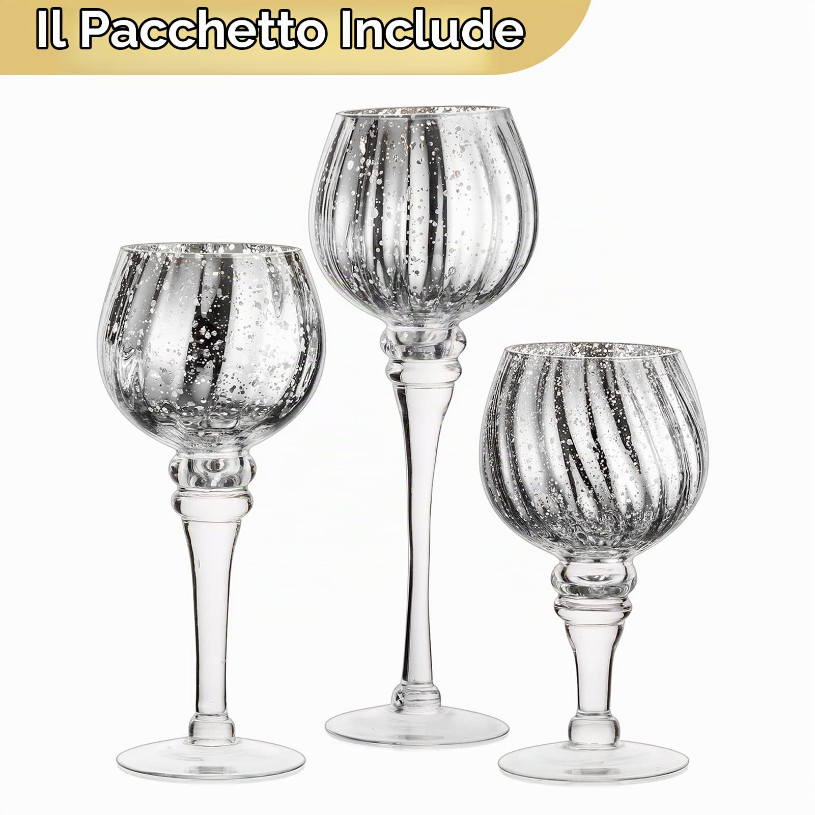 Nuptio Portacandele in Vetro 3 Pezzi Alti Portacandela al Mercurio Grande Porta Candele Argento in Vetro Lungo Stelo Pilastro Centrotavola per Festa Nozze Mantello Natale Decorazione Camino