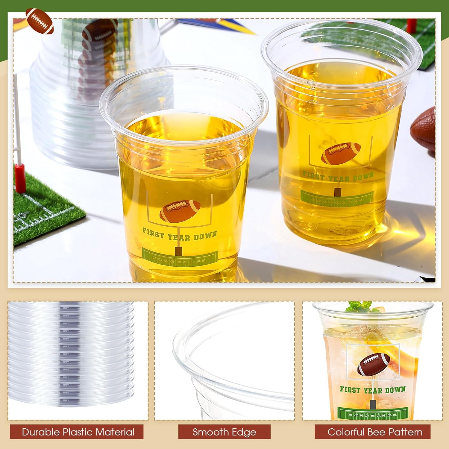 100 Pcs First Year Down Birthday Decoration Cups 16 oz Clear Disposable Football Plastic Party Cups Bulk for 1st Year Birthday Party Supplies Sports Themed Baby Shower