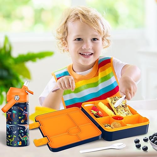 Miniatura 7 de Bevalsa Lonchera Bento para niños con 6 compartimentos, botella de agua de metal de acero inoxidable, bolsa aislada y utensilios, contenedor de