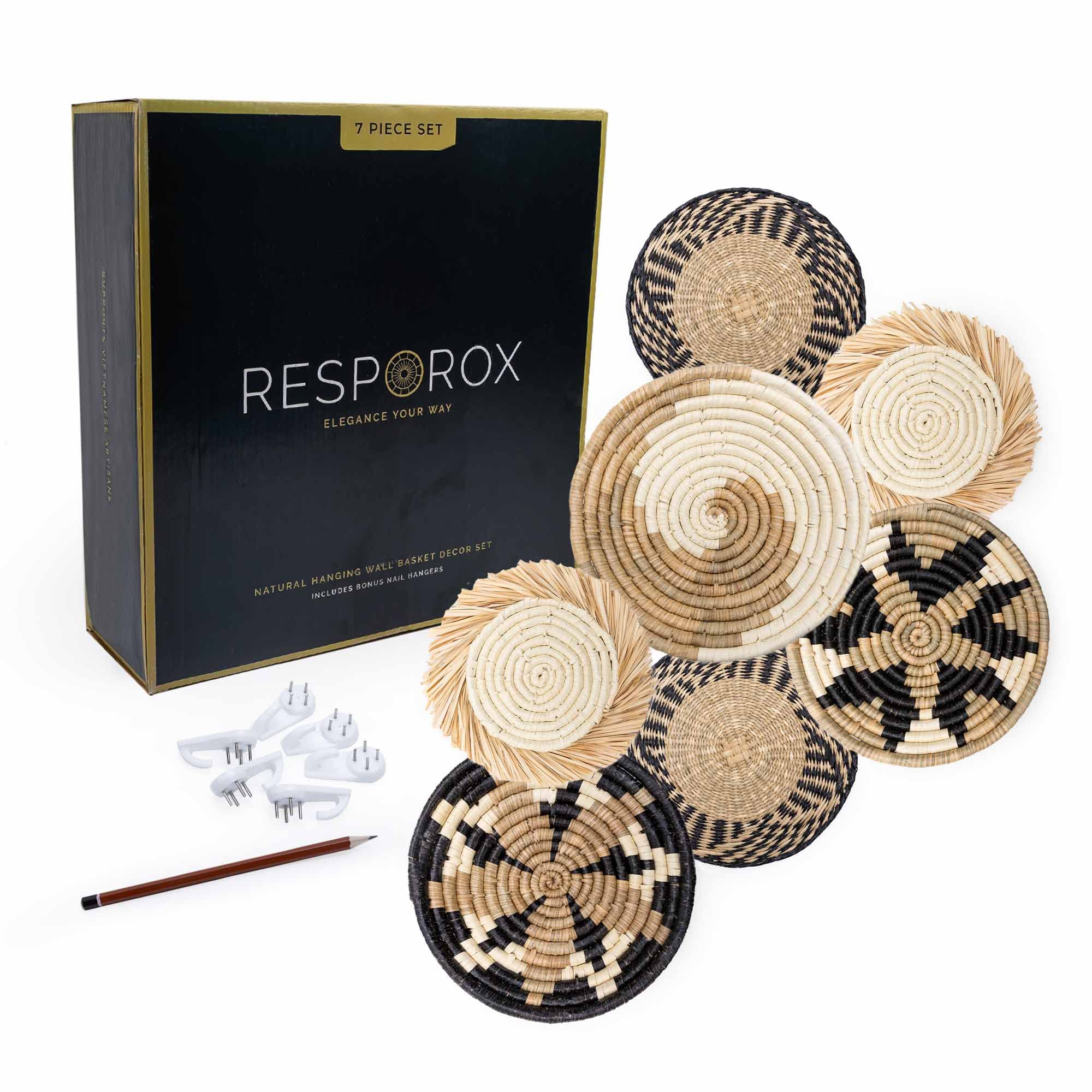 Hanging Woven Wall Basket Set - 7 Unique Handcrafted Seagrass Baskets for Boho, Farmhouse & Rustic Wall Decor, Table Settings & More - Ready to Hang with Nails & Marking Pencil Included