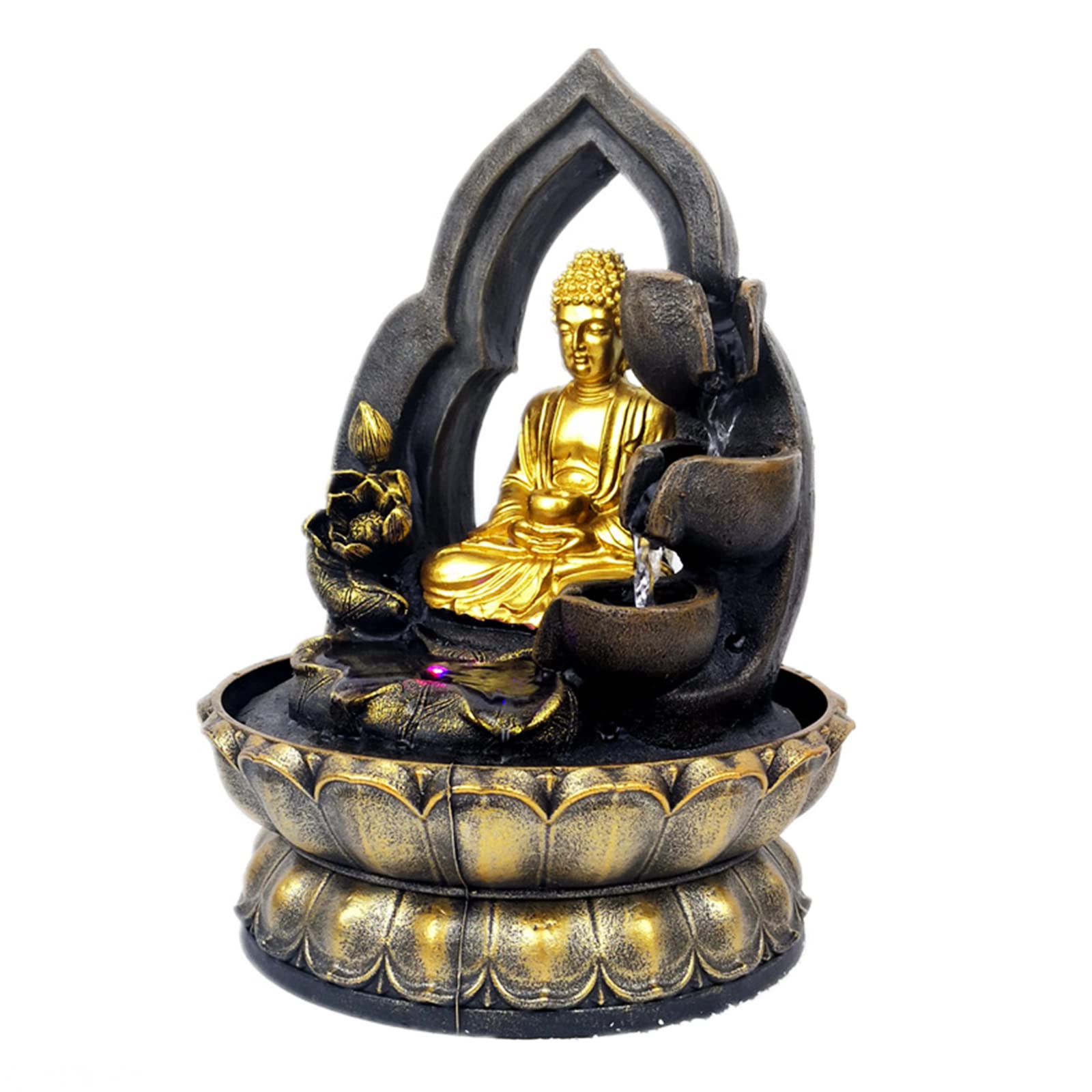 Headery Buddha Water Fountain Indoor, Resin Zen Meditation Relaxing Waterfall Indoor Decoration with Lotus,Buddha Fountain Indoor Water Fountain with LED Light for Home Office (Gold)