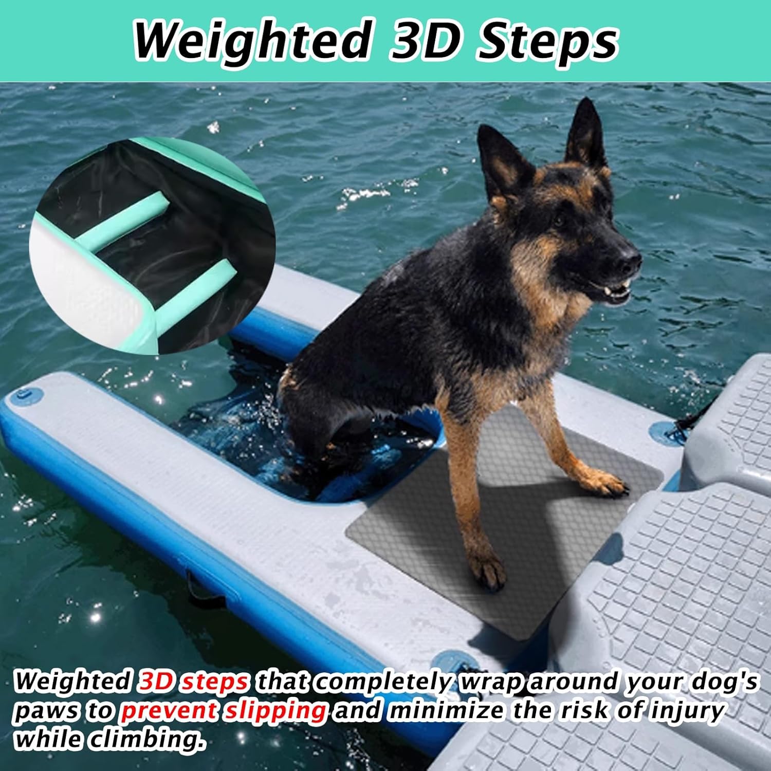 Inflatable Dogs Water Ramp, Dog Floating Ladder for Pools, with Underwater Tilting Weighted Net & All Accessories, Dog Pool Ramp for Lakes/Rivers/Docks, Tear-Resistant PVC(Black)