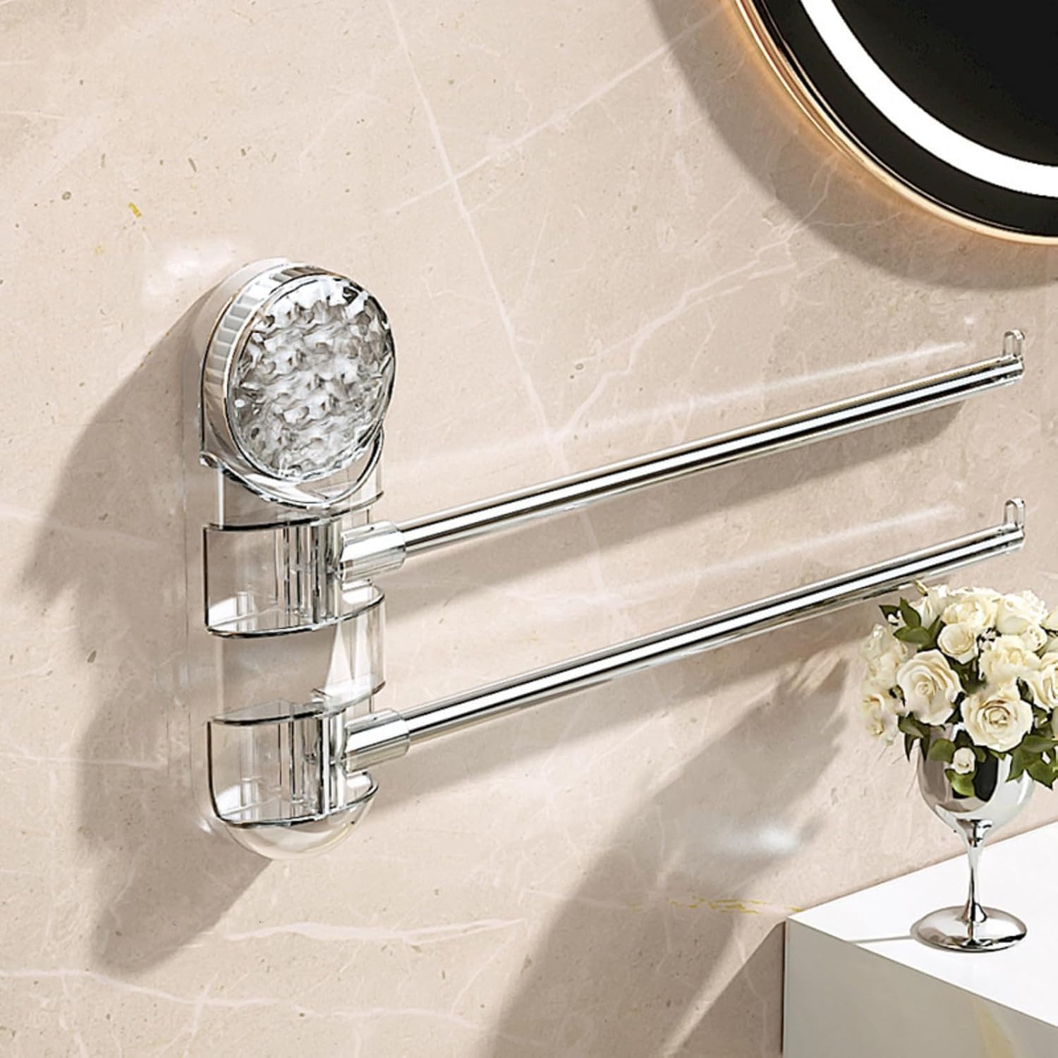 LMYSXAOZ Suction Cup Towel Bar Swivel Racks for Bathroom,No Drilling Removable Vacuum Holder Shower Room Kitchen Home (2-Arm Transparent)