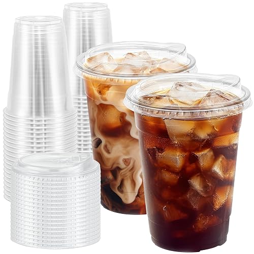 BYSNOW 100 Pack 16 oz Clear Plastic Cups with Sip Lids