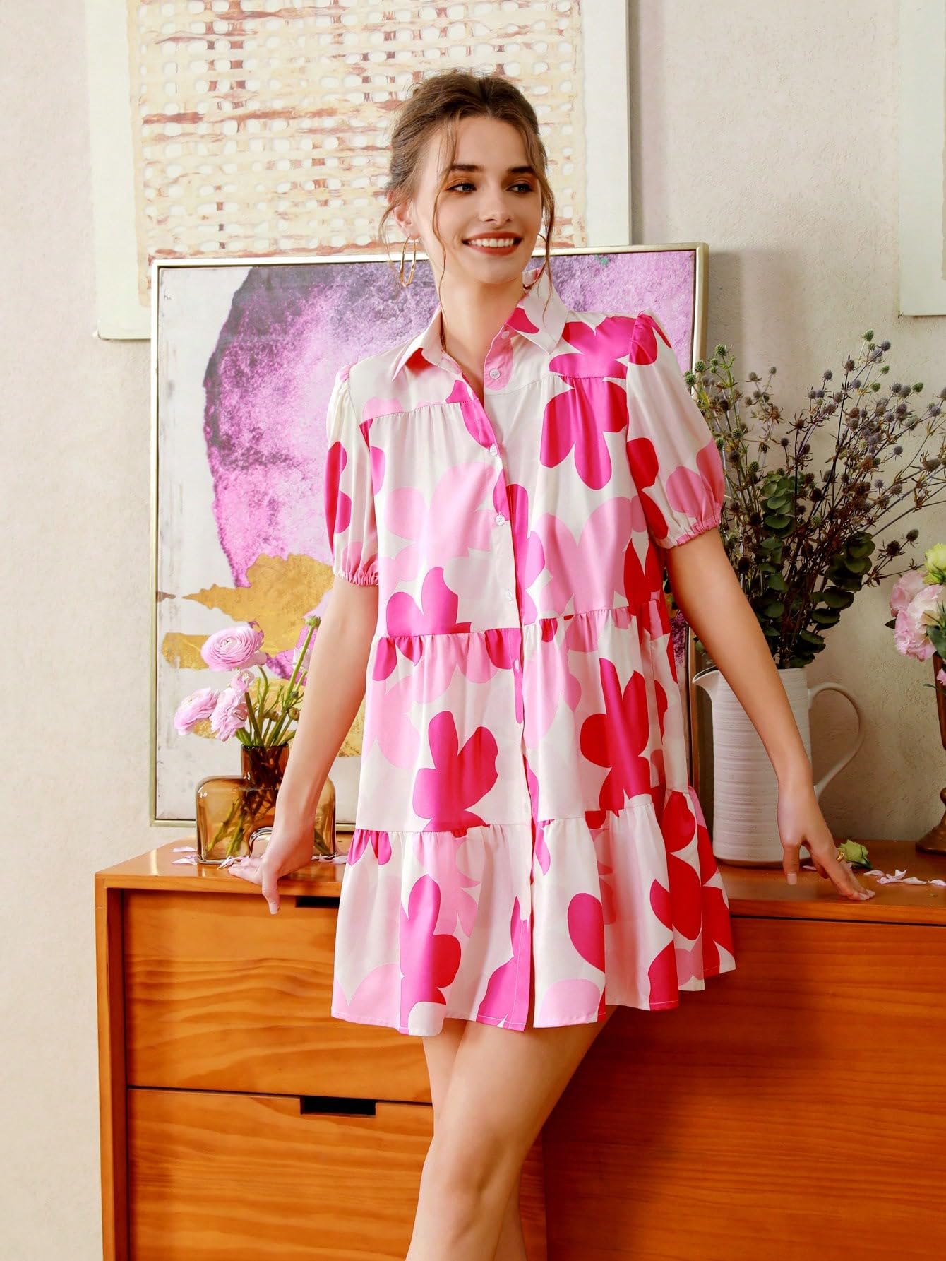 Shasmi Women's Pink Flower Print Short Sleeve Button Front All-Over Printed Dresses, Ruffle Hem Smock Dress For Woman (161 Dress Pink-Xl)