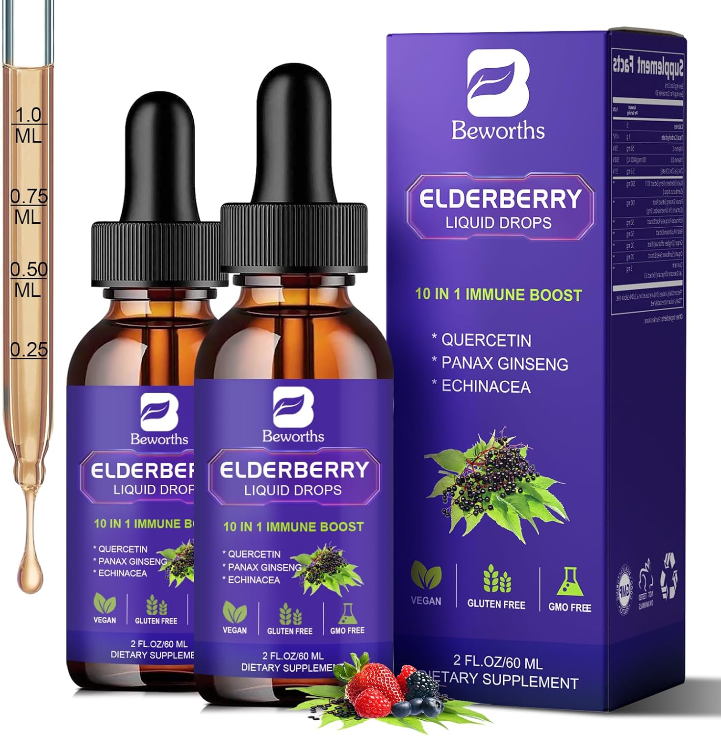 2 Pack Elderberry Syrup, Black Elderberry Drops with Quercetin, Panax Ginseng, Vitamin C and Zinc, Sambucus Elderberry Syrup Liquid for Immune Support, Vegan, Non-GMO & Gluten Free Berry 2 Fl Oz (Pack of 2)