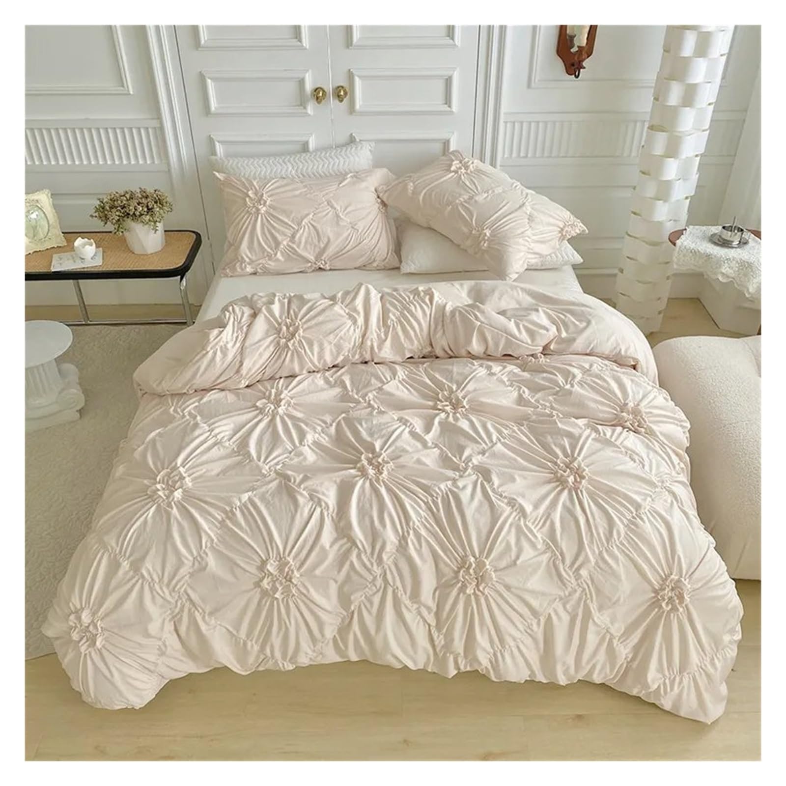 Housse de Couette à Plis Cubiques Lit Double Parure de Lit Queen Size 4 Saisons