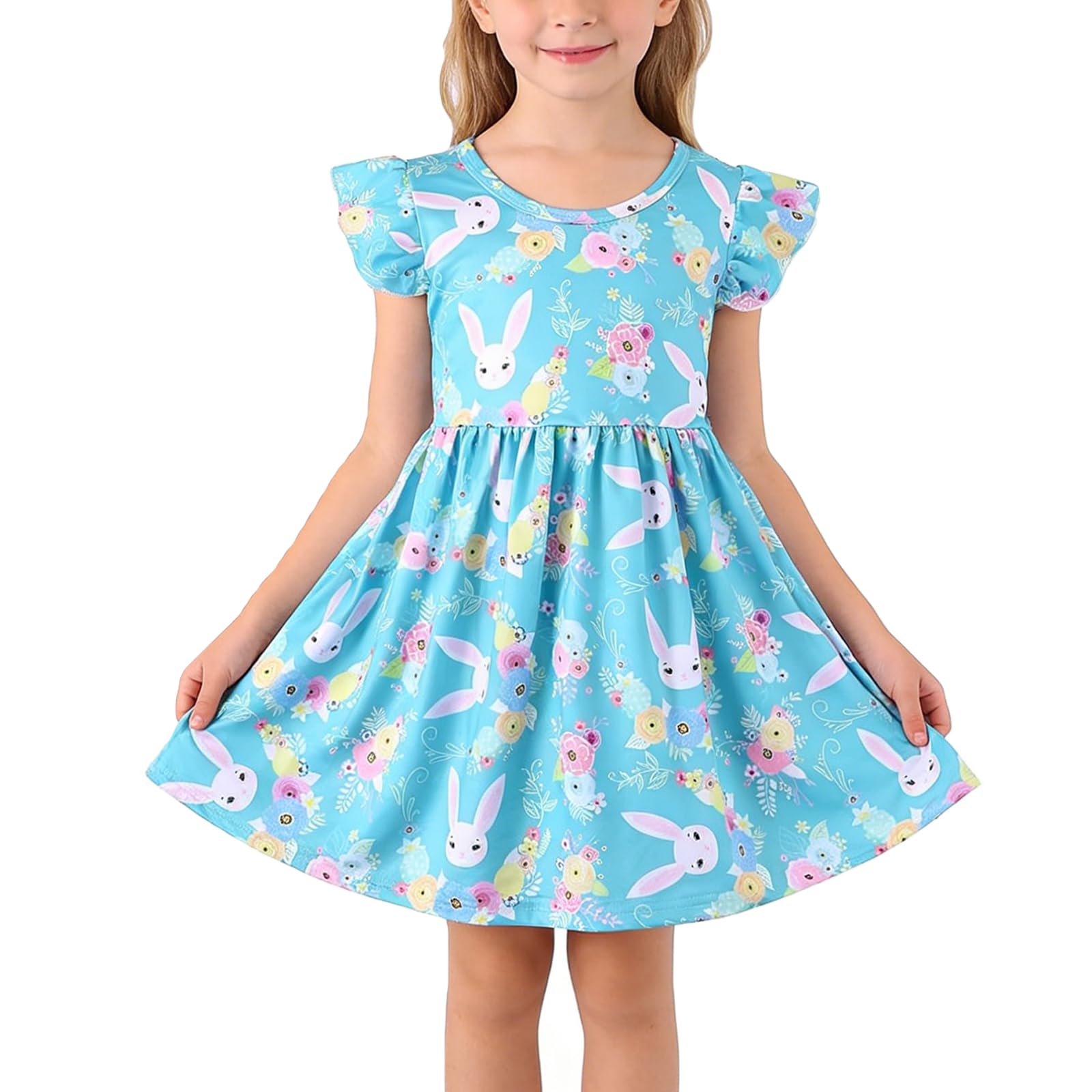 PRCSEE Easter Toddler Girls Dress Bunny Egg Print Dresses Short Sleeve Outfits 3-8Y