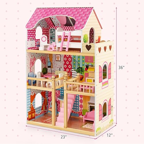 Miniatura 8 de HONEY JOY Casa de muñecas rosa, casa de muñecas de madera para niños con balcón y escaleras, 15 piezas de accesorios y muebles incluidos, juguete