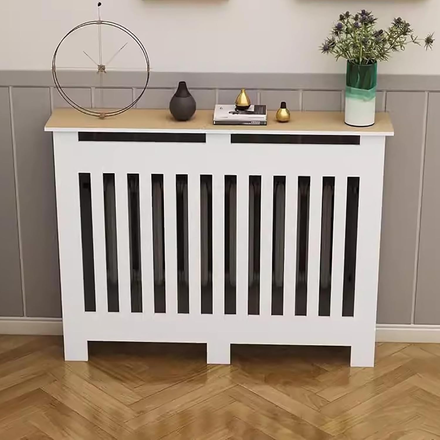 Radiator Cover Wood Cabinet - Modern MDF Heater Cover with Vertical Slats for Living Room and Bedroom Decoration, Functional and Stylish Furniture Solution