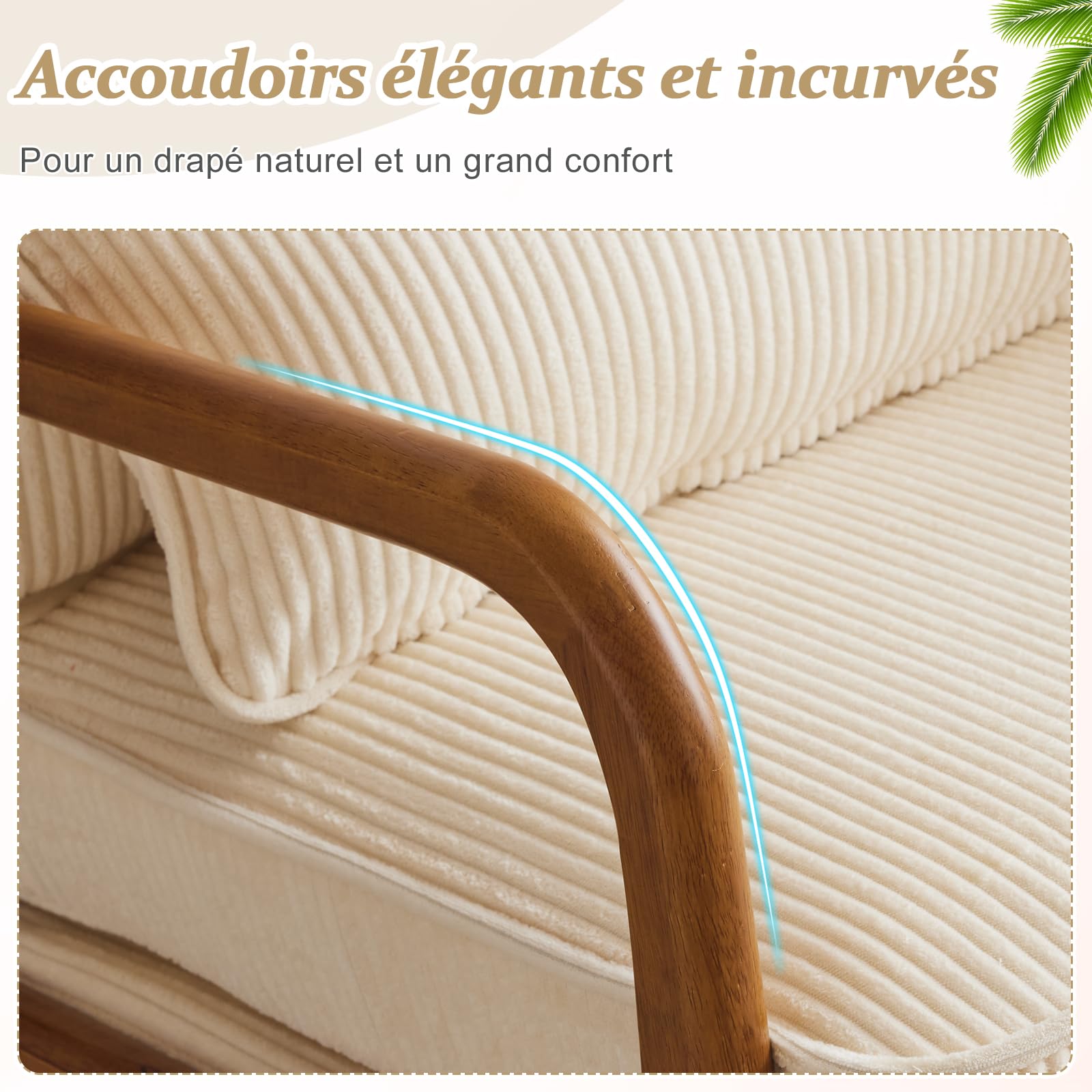 Bonnlo Fauteuil de Salon en Velours Côtelé, Chaise d'Appoint Relaxation avec Cadre en Bois, Siège Confortable pour Salon, Chambre, Terrasse, 65 x 80 x 78 cm (Beige Clair)