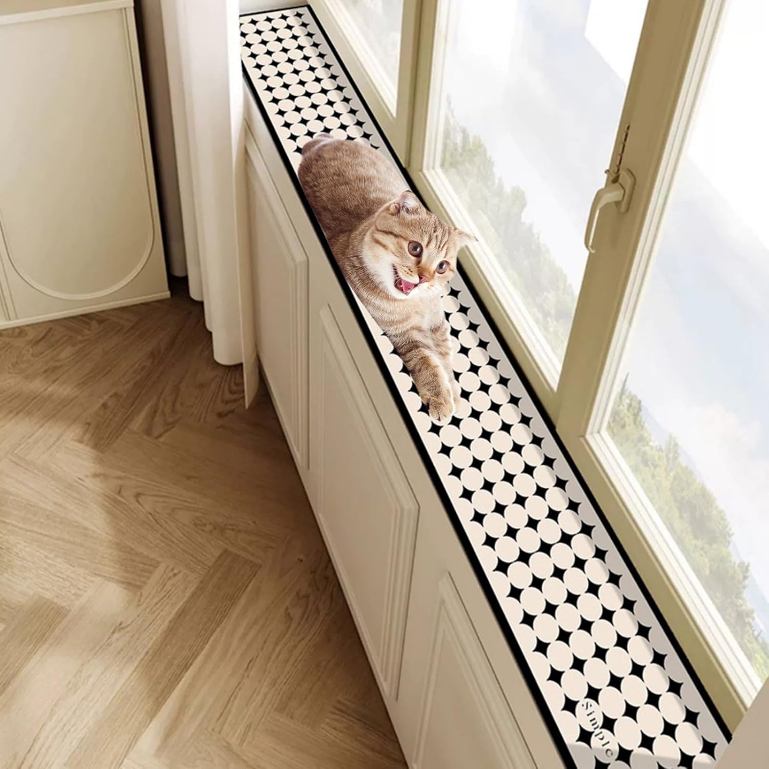 Printing Window Sill Protector, Narrow Window Sill Pad from Dog Cat Scratching, Easy Cut Thin Absorbent Mat for Window Seat (White-Circle, 6''X114'')