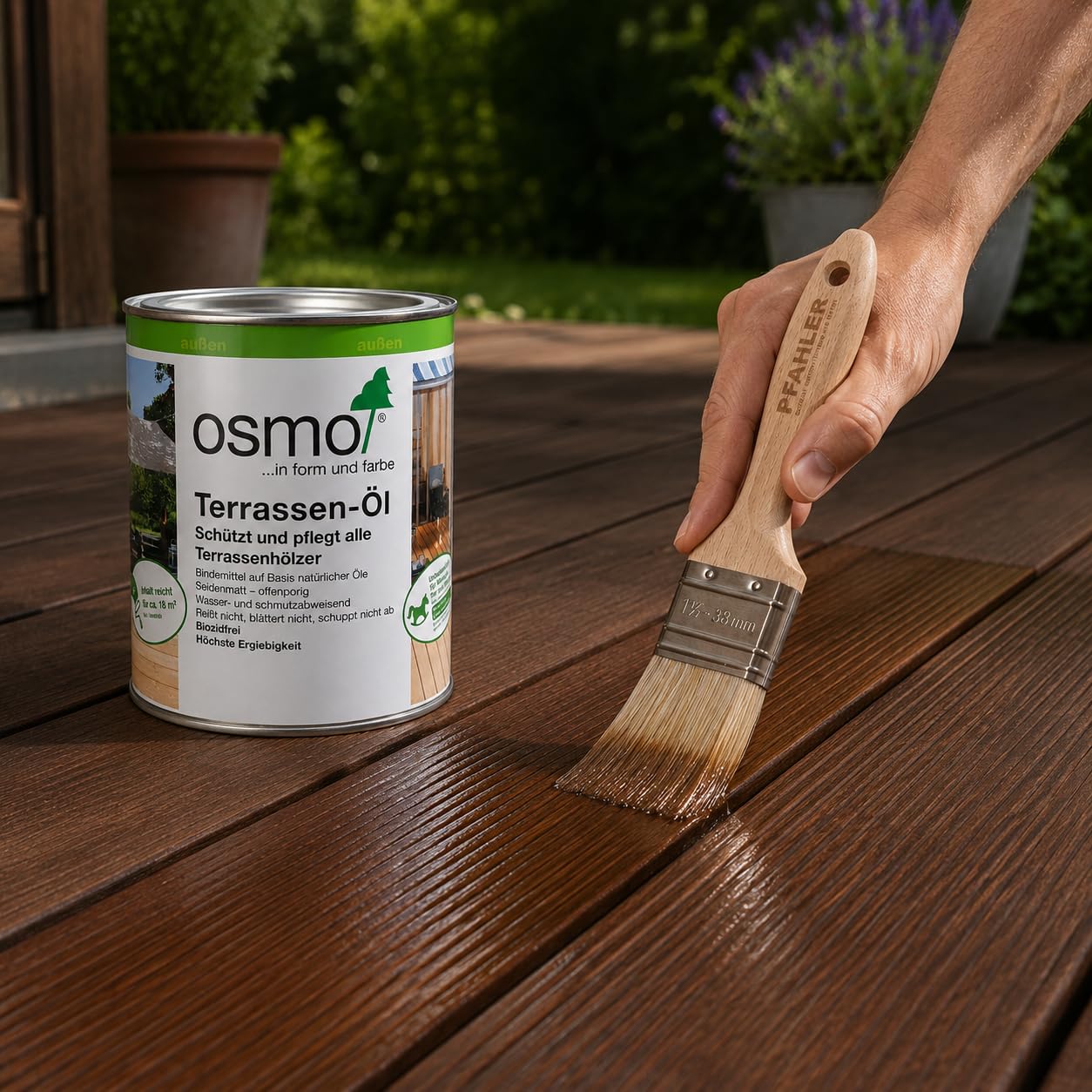 Osmo Terrassenöl 016 Bangkirai-Öl Dunkel 0,75l + Pinsel von Pfahler. Terrassen-Öl Holzschutz für Terrassen Fassaden Gartenmöbel Wasserabweisend UV-beständig