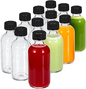 JohnBee 12-Pack 2 oz (60ml) Small Glass Boston Round Bottles with Lids - Leak-Proof Mini Travel Containers for Ginger Shots, Juice, Whiskey, Samples | W/Labels, Funnels & Brushes