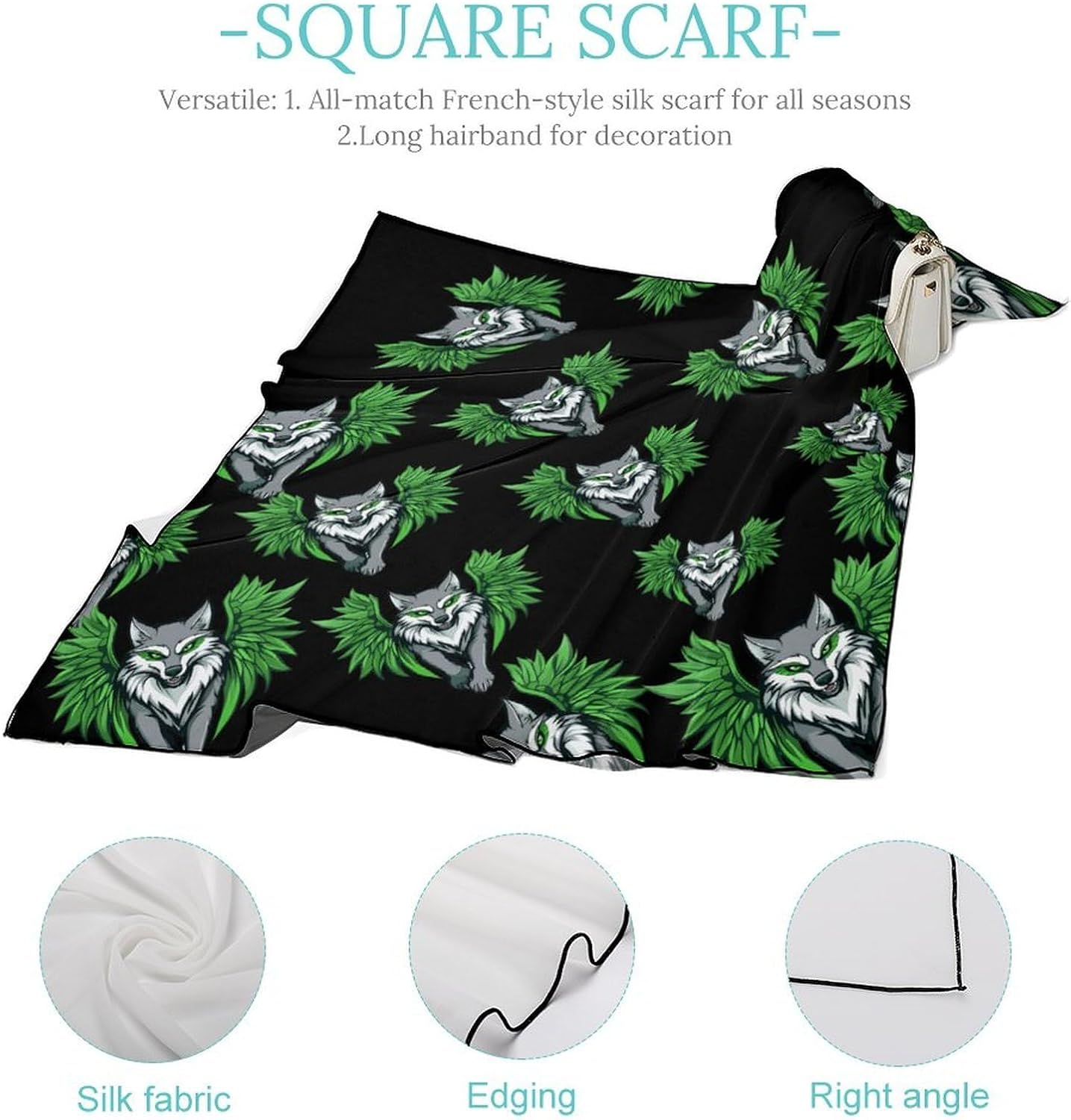 Wolf With Wing Bandana Fashion Head Scarf Square Silk Scarf Print Neck Hair Scarfs for Women Men Gifts