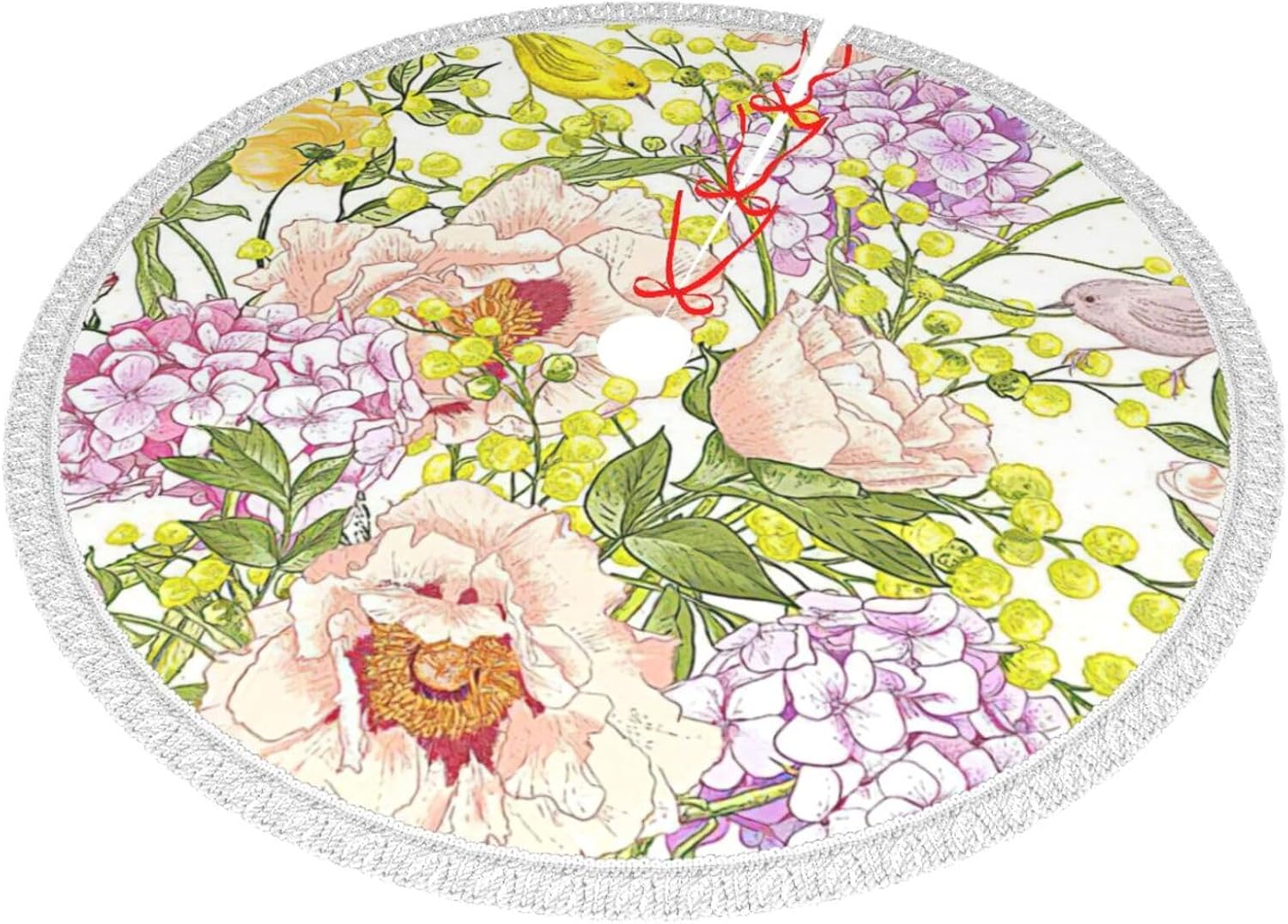 タッセル付きクリスマスツリースカート クリスマスツリーマット ベースカバー オーナメント お祝いの装飾 紫と黄色の花