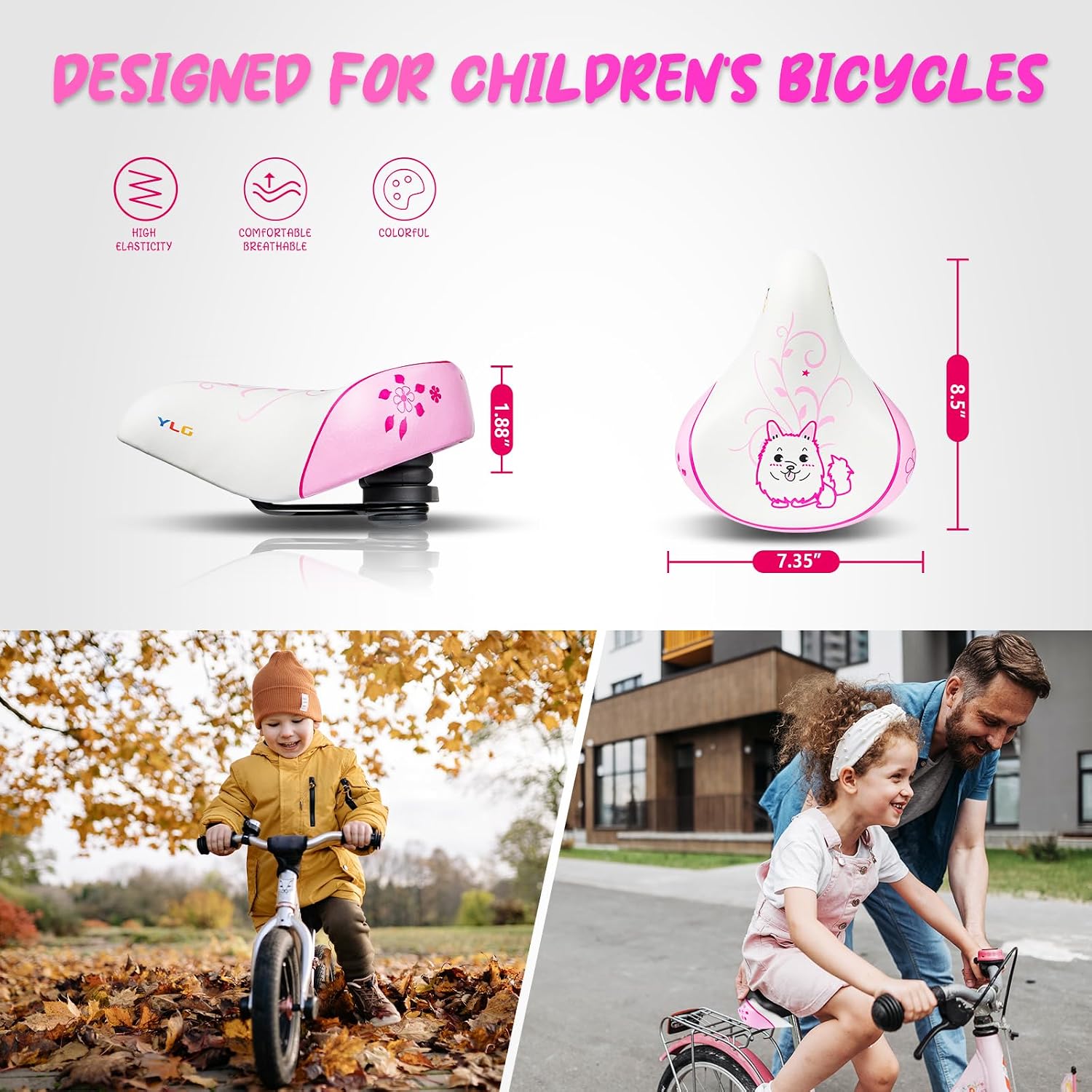 YLG Kids Bike Seat for Girls, Bike Seat Padded Memory Foam for Toddler, Breathable & Extra Soft Memory Foam Child Bicycle Saddle