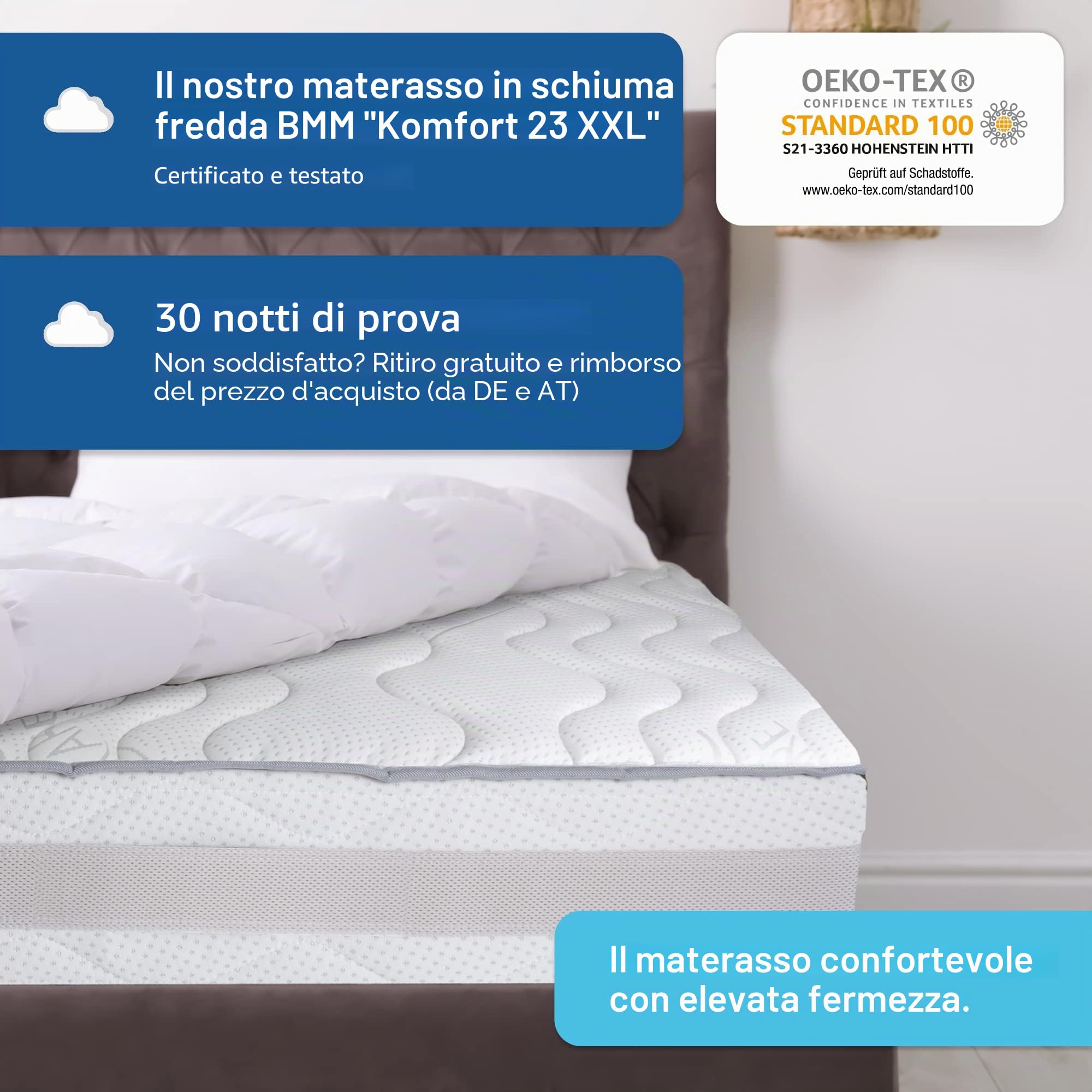 BMM Comfort Materasso 7 Zone 90x200 cm in durezza H3 Rigido, Altezza 23 cm