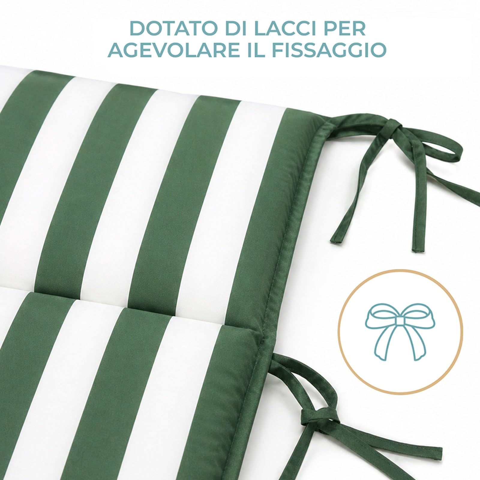 PARAMAISON Cuscino Lettino Prendisole 60x190 cm, Materassino per Lettino Giardino e Piscina, Imbottito 3 cm, con Laccetti Antiscivolo, Universale per Sdraio Esterno |Riga Verde