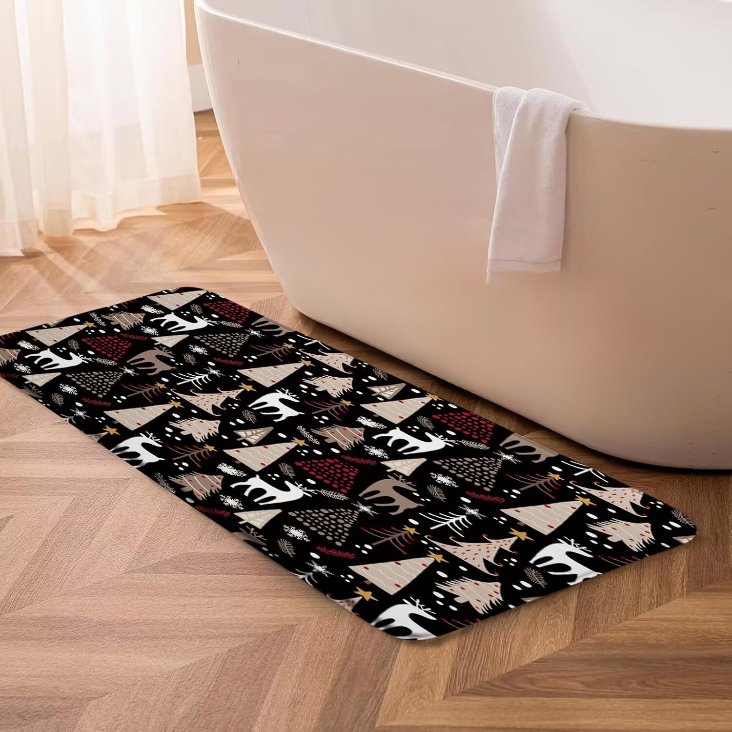 Christmas Bath Mat Xmas Tree Deer Snowflake Winter Cute Black Red Brown Bathroom Kitchen Toilet Rugs,24x60 Inch