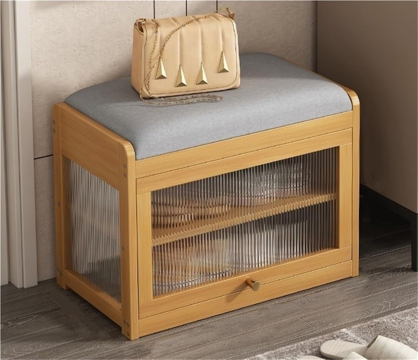 Banc à chaussures en bambou avec coussin rembourré pour entrée