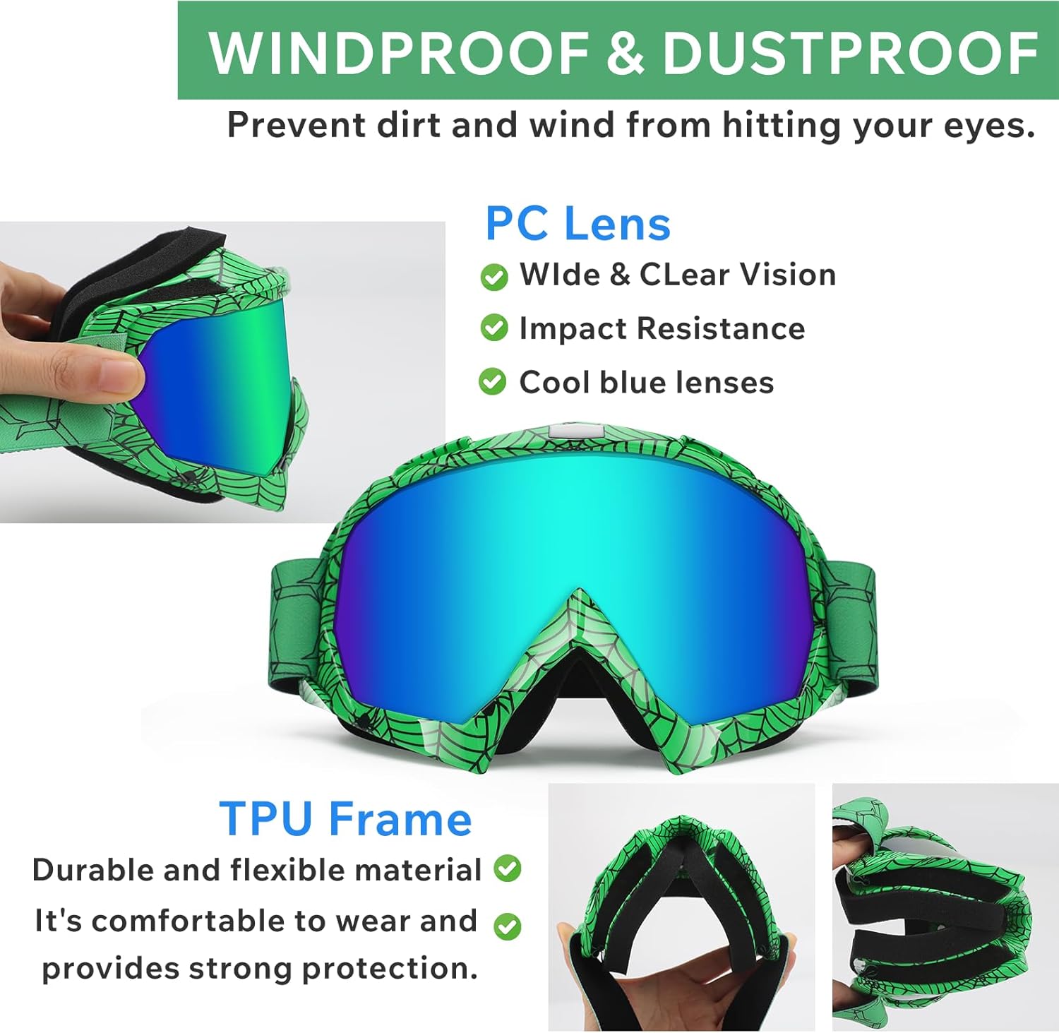 Dirt Bike ATV Goggles 2 Pack Motorcycle Gear Motocross Helmet Riding Racing Glasses Offroad UTV MTB MX Accessories UV400 Anti-Fog Windproof Dustproof Goggles for Men Women Youth Kids