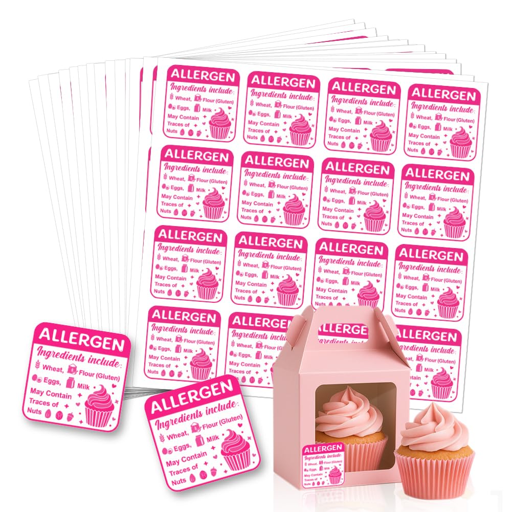 GOMAKERER 320 Pcs Allergen Warning Stickers, Food Allergy Alert Labels Pink Allergen Labels Square Waterproof Label for Restaurant Kitchen Bakery Businesses, 5 CM
