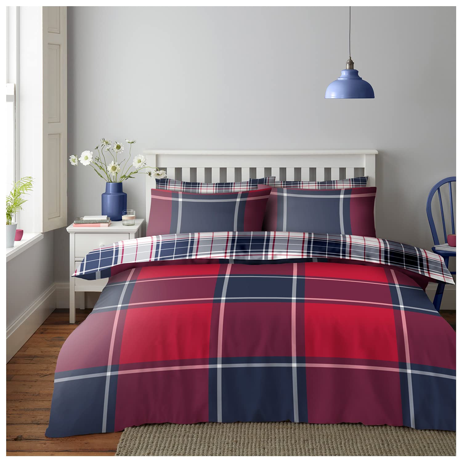 GC GAVENO CAVAILIA Tartan Single Duvet Cover, Cosy Red Checkered Quilt Cover Bedset With Pillowcase, Luxury Hypoallergenic Reversible Bedding Set
