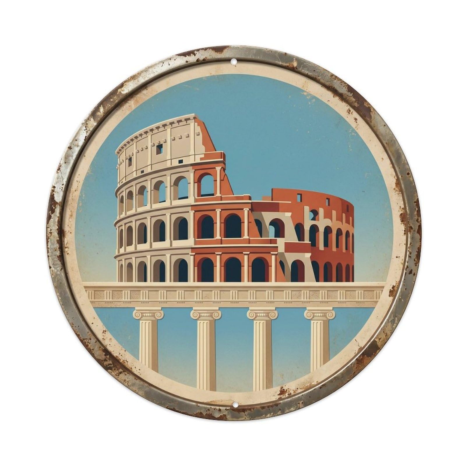 Colosseum Ancient Forum Travel 2 Metal Tin Sign Plaque Wall Decor for Cafe, Club, Garden Round Metal Poster 8x8Inch
