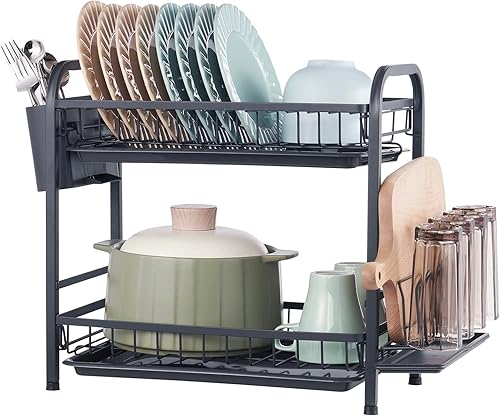 Miniatura 11 de VEVOR Escurridor de platos, escurridor de platos de gran capacidad de 2 niveles, escurridor de platos de acero al carbono a prueba de óxido con