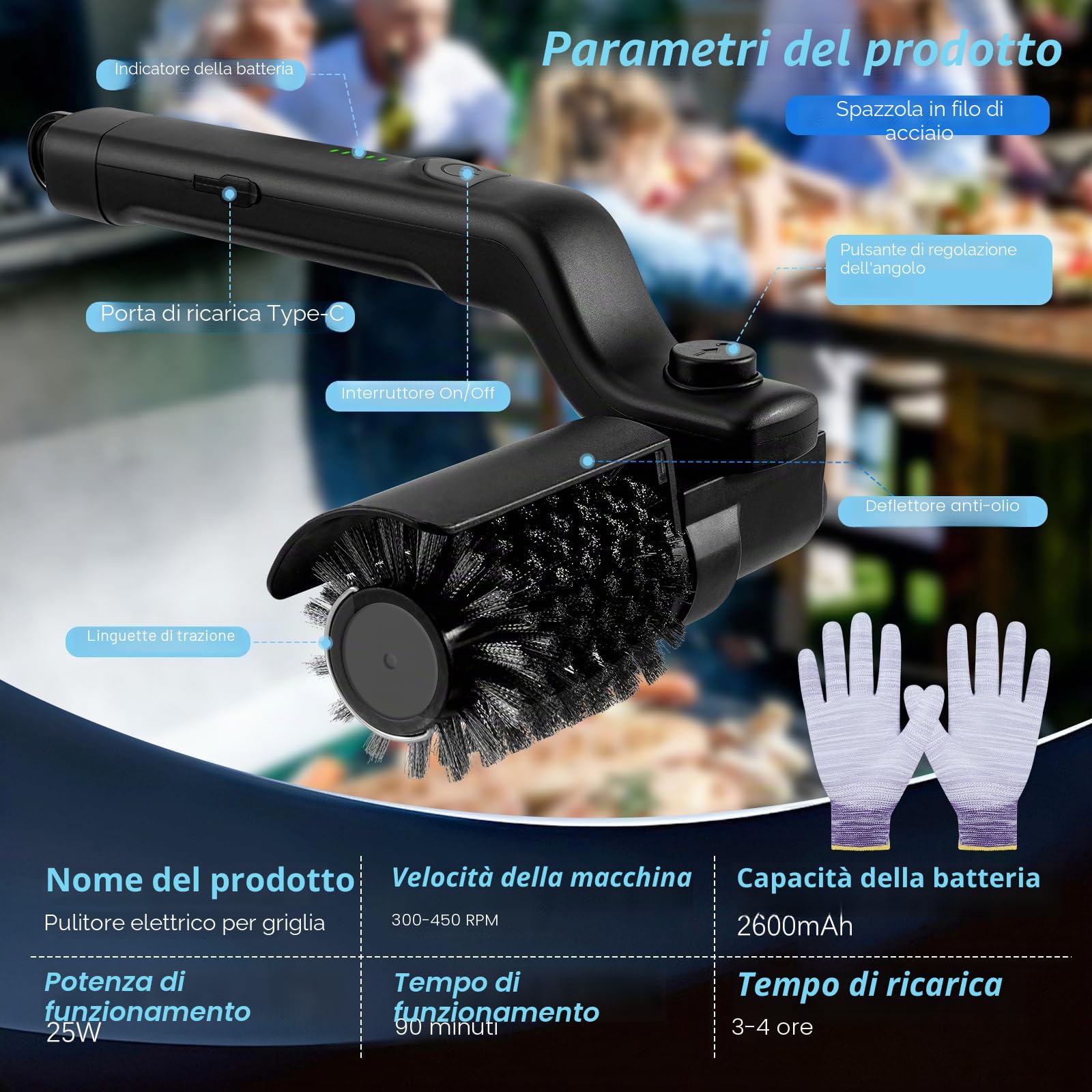 Spazzola Elettrica per Barbecue, Spazzola Ricaricabile per la Pulizia Del Griglia Senza Fili con 3 Velocità e 2 Testine, 180° Regolabile Setole Acciaio Inox Strumento di Pulizia per BBQ Griglia