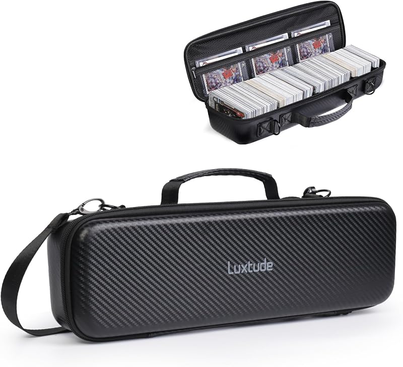 Luxtude Card Carrying Case with 4 Dividers, Travel Trading Card Storage Case, Portable Sports Cards Carrying Cases, Toploader Storage Box for Pokemon, MTG, TCG, Cards Against Humanity and Game Cards