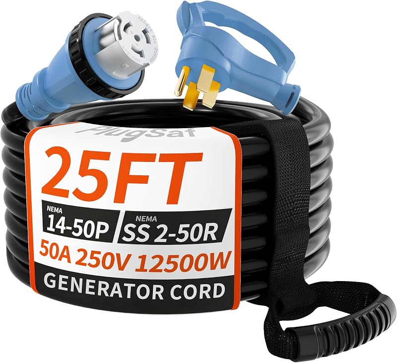 50 Amp Generator Cord, 25FT 50 Amp RV Extension Cord 14-50P/SS2-50R | 25 FT NEMA 14-50P/SS2-50R 50 Amp RV Cord 4 Prong Blue with Twist Lock, Heavy Duty STW 50A Generator Cord RV Camper & House