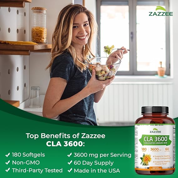 Zazzee High Potency CLA 3600, 180 Softgels, 3600 mg per Serving, Conjugated Linoleic Acid from Safflower Oil, Concentrated and Standardized, 60 Day Supply, Non-GMO and Made in the USA
