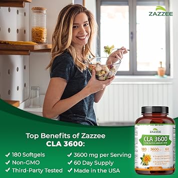 Zazzee High Potency CLA 3600, 180 Softgels, 3600 mg per Serving, Conjugated Linoleic Acid from Safflower Oil, Concentrated and Standardized, 60 Day Supply, Non-GMO and Made in the USA