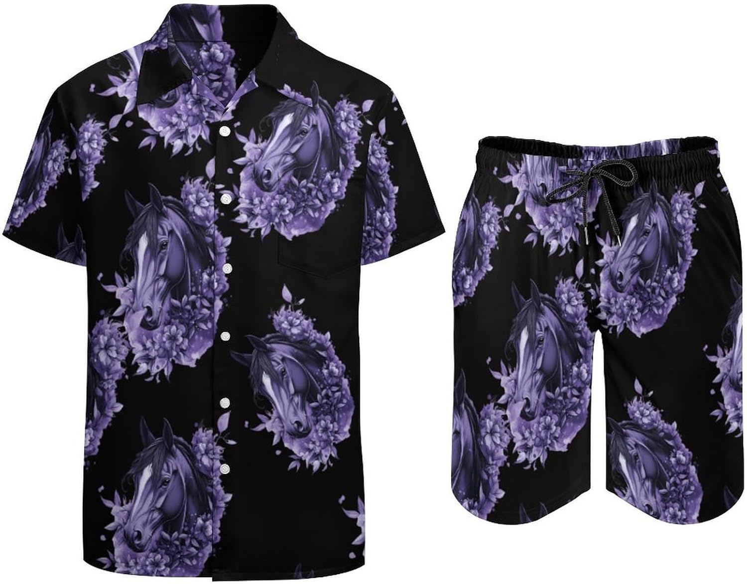 Purple Horse Flowers Summer Mens Vacation Outfits Beach Shirts Shorts Matching Set