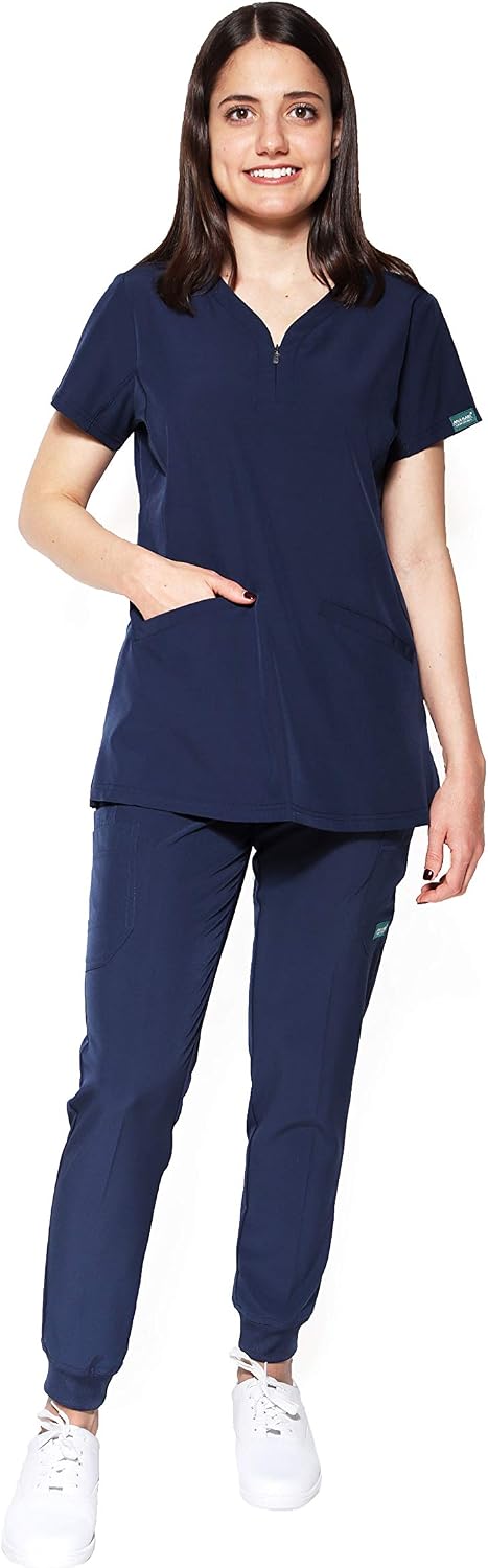 UNIFORME MÉDICO QUIRÚRGICO con pantalón tipo JOGGER y Filipina con Cierre  para Mujer COLOR Marino, Negro y Blanco - Jogger Scrub Pant – Yoga Pant -  REPELENTE A FLUIDOS TELA STRETCH FLEX-DRY-DYNAMIC -
