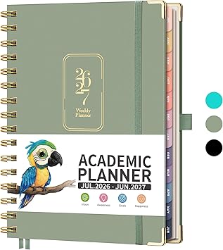 RETTACY Academic Planner 2026-2027, Weekly and Monthly, July 2026 - June 2027, Medium Size 5.7" x 8.3", Calendar, Agenda, 12-Month Tabs, Hardcover, for Student, Teacher, School Light Green