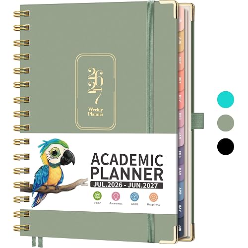 RETTACY Academic Planner 2026-2027, Weekly and Monthly, July 2026 - June 2027, Medium Size (5.7" x 8.3"), Calendar, Agenda, 12-Month Tabs, Hardcover, for Student, Teacher, School (Light Green)